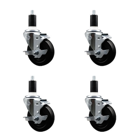 Service Caster 4'' SS Soft Rubber Swivel 1-3/8'' Expanding Stem Caster Set with Brake, 4PK SCC-SSEX20S414-SRS-TLB-138-4